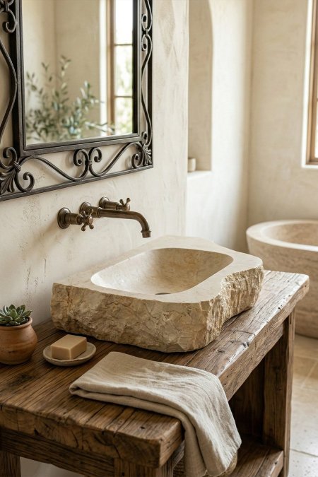 حوض مغسلة حجر طبيعي مستطيل بواجهة خام – 71×49 سم